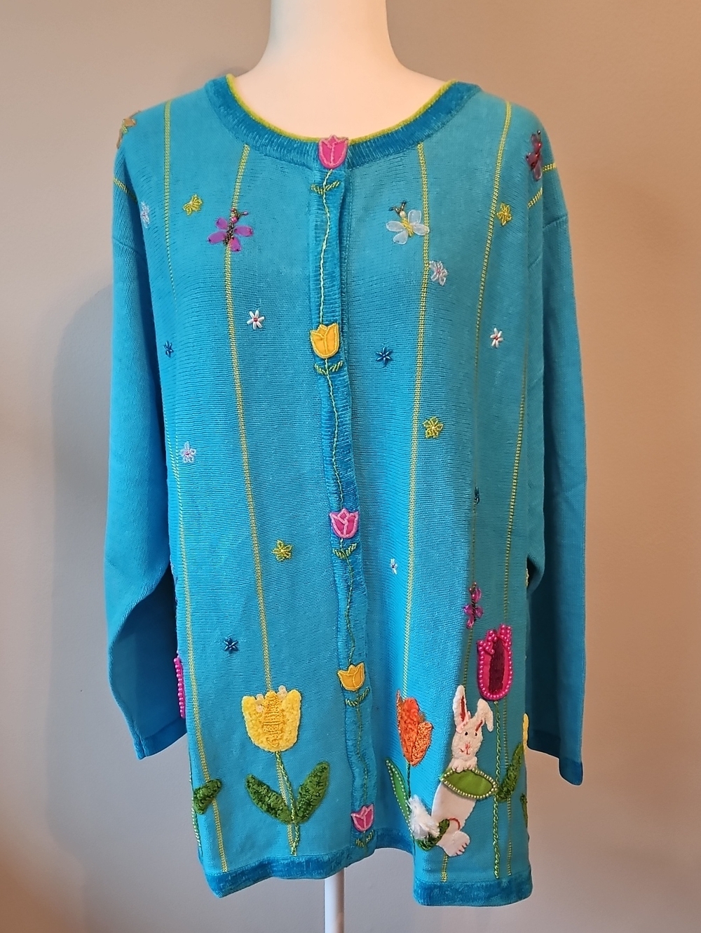 Teal Embroidered Floral & Bunny Cardigan Sweater